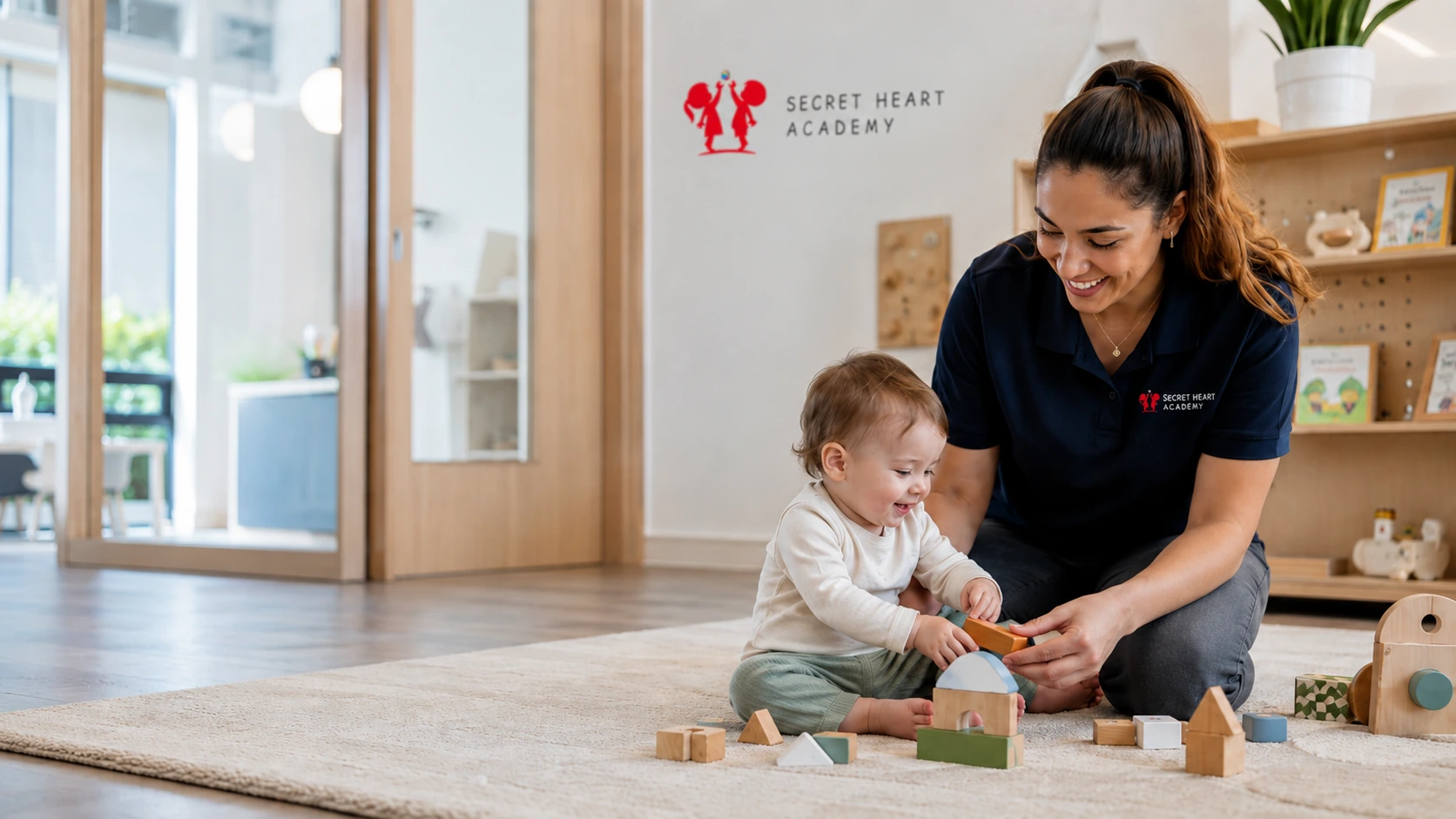 An educator and infant building with wooden blocks at Secret Heart Academy