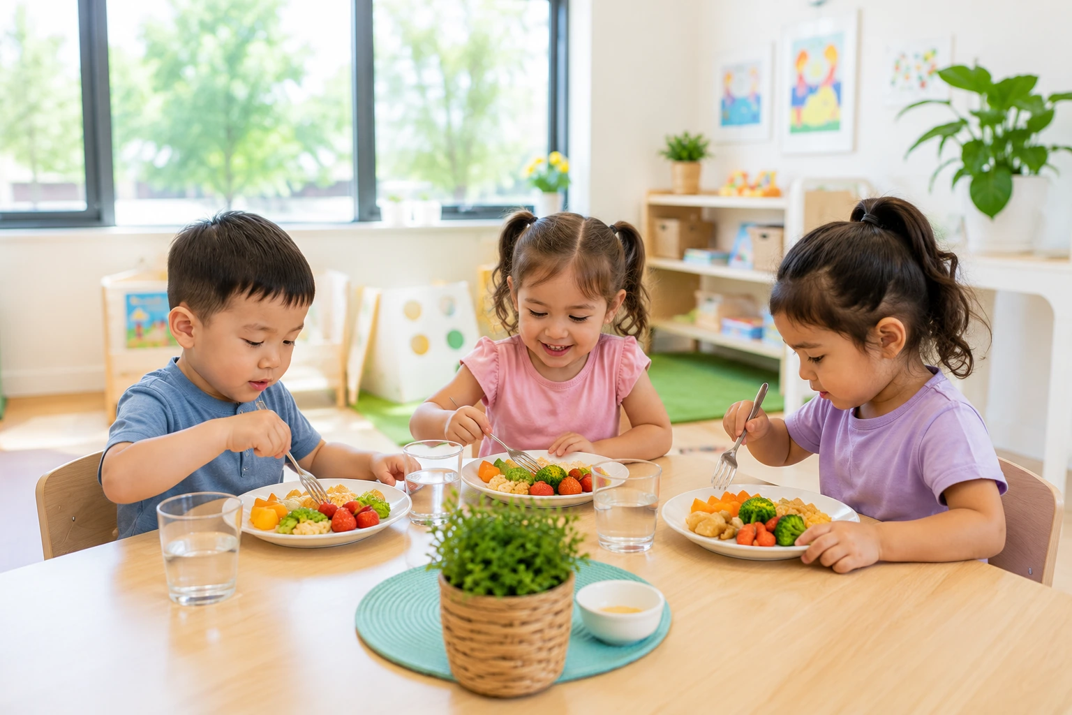 Three young children enjoying a healthy meal of vegetables and fruit at a bright classroom table
