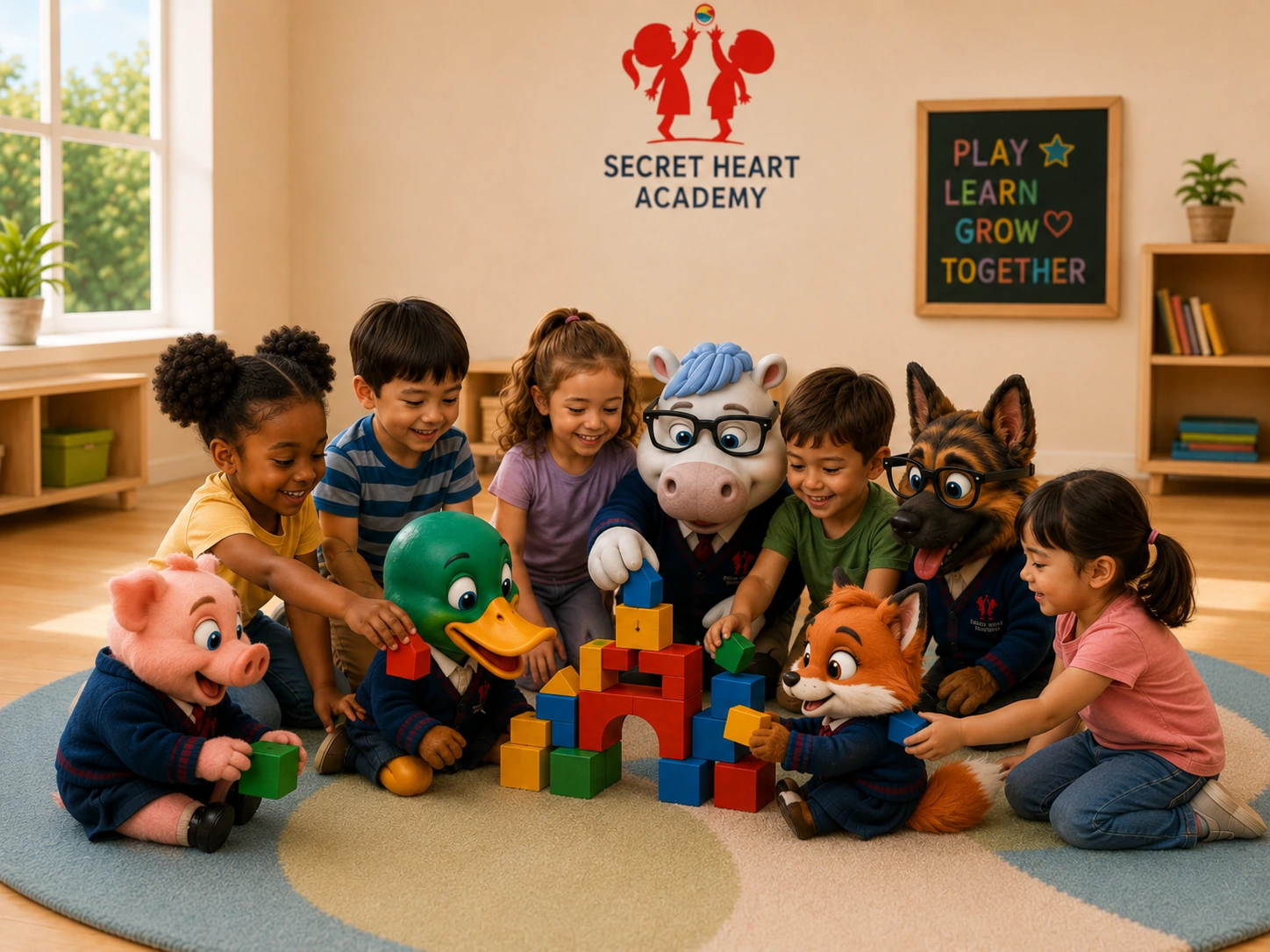Children and Secret Heart Academy mascots building with colourful blocks together in a bright classroom